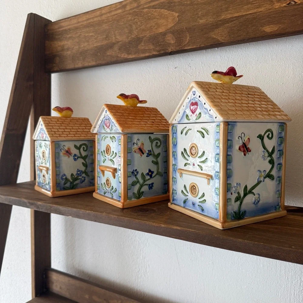 3pc Alco Industries Ceramic Birdhouse Canister Set Floral Butterfly Bird House